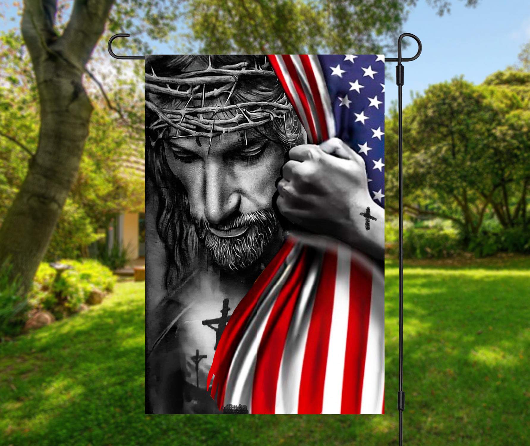 American Flag with Jesus with Name, Personalized Garden Flag, Garden Flag, Sublimation Garden Flag, Double Sided