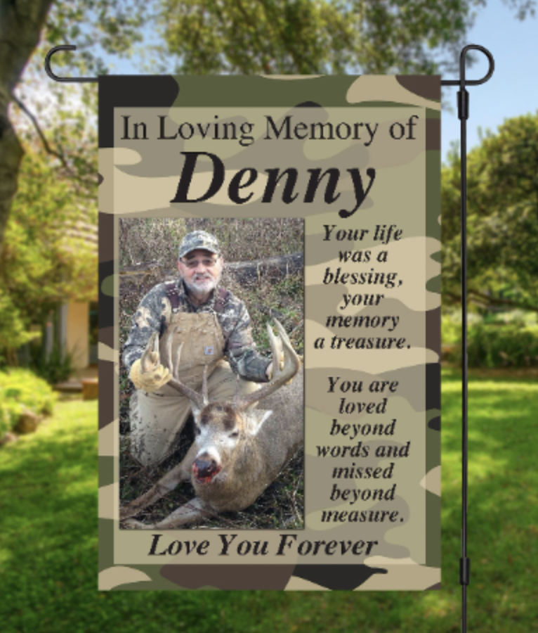 Personalized Photo Memorial Garden Flag, Any Message Double Sided, In Loving Memory Cemetery Grave Flag Decor, 12"x18" in size.  Camouflage Design